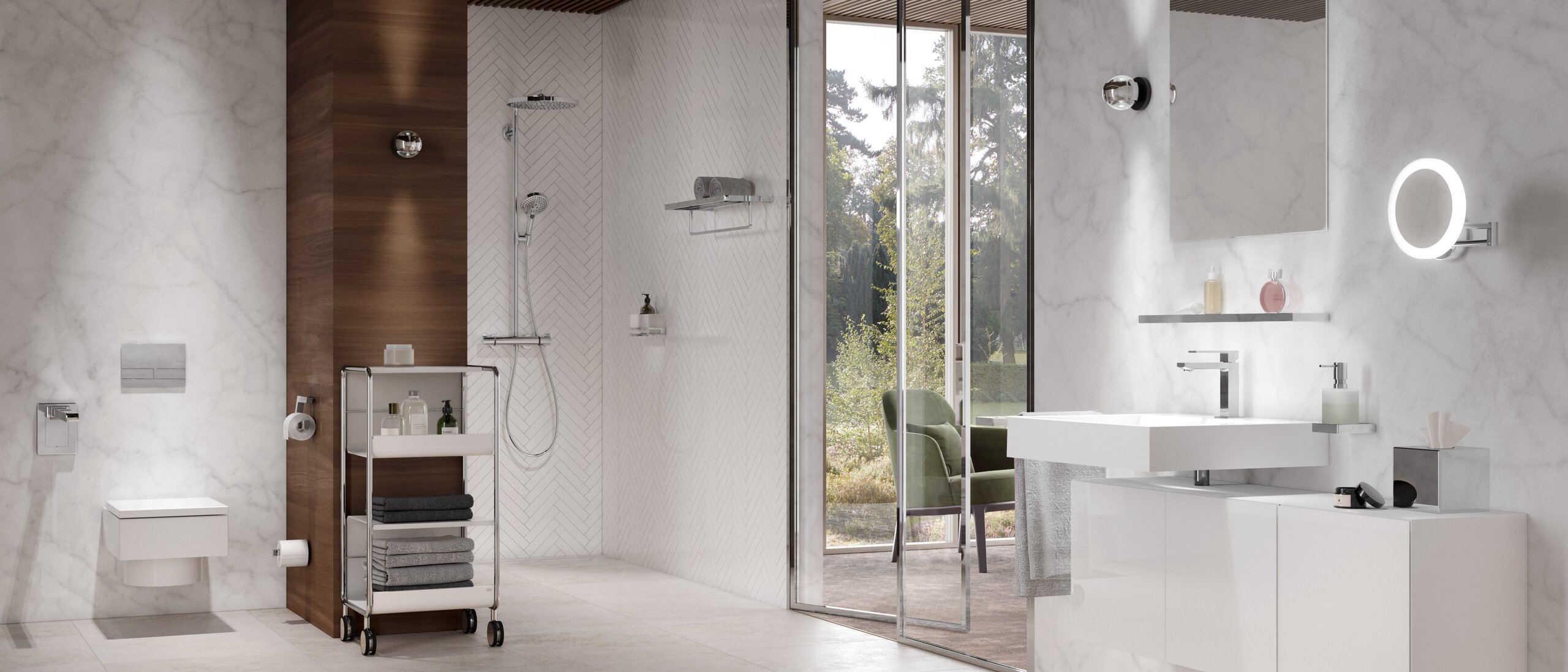 Interior bathroom with glass doors and chrome sanitary fittings