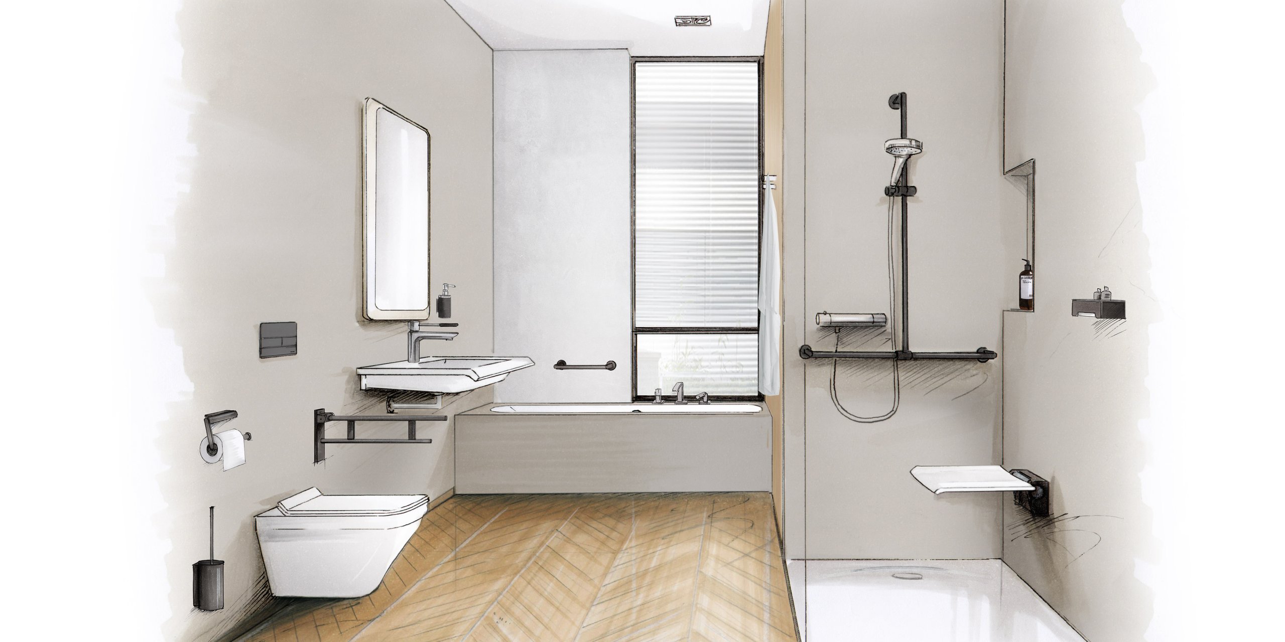 Drawing of a barrier-free bathroom with washbasin, shower area and WC